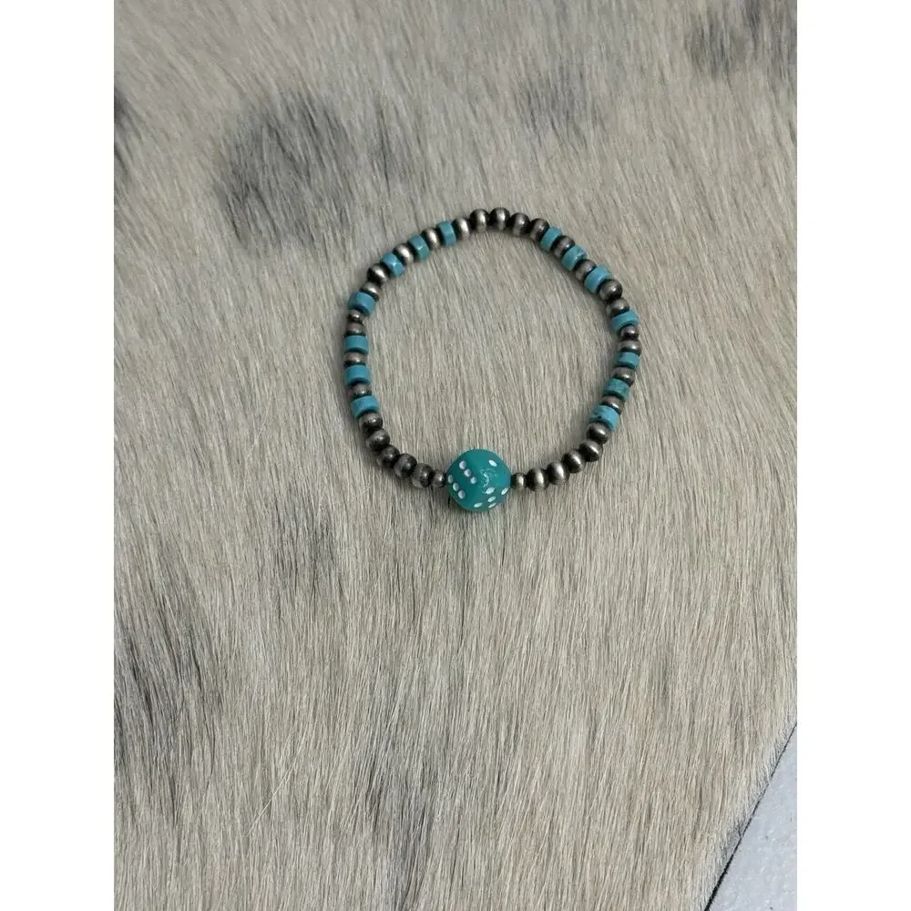 Native American Sterling Silver Navajo Pearl Turquoise Stretch Bracelet Dice
